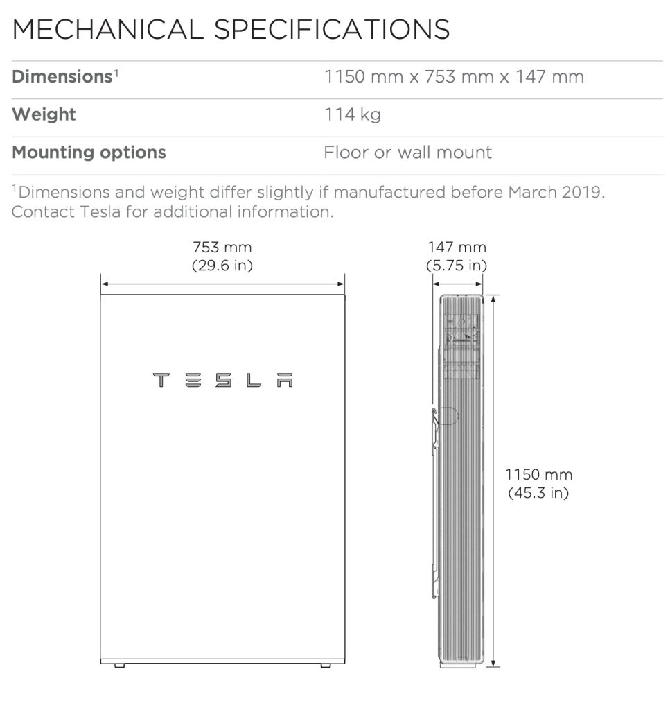 Tesla solar battery dimensions