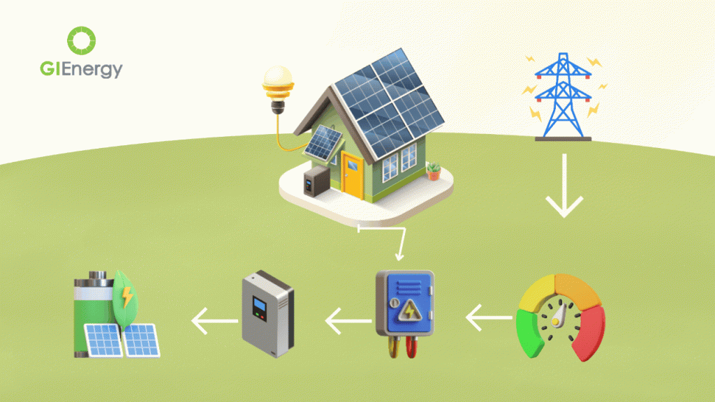 Illustration of a solar battery storage system. This is how solar energy is stored.